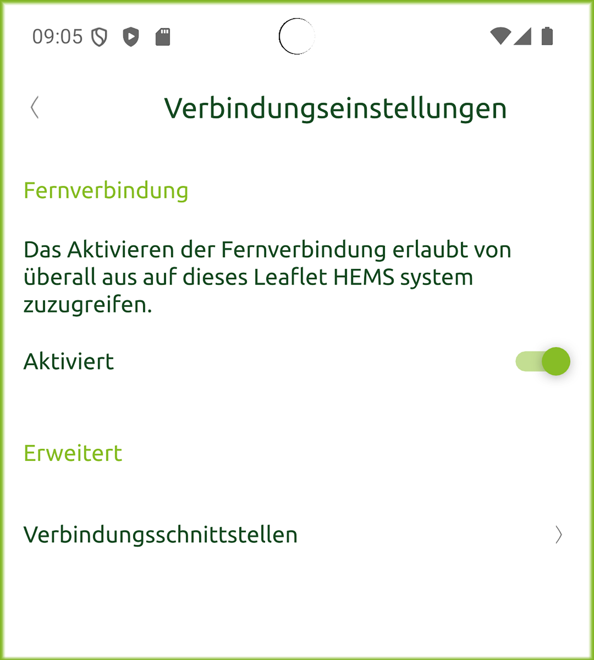Bildschirm Verbindungseinstellungen