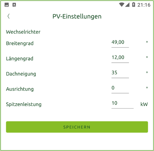 Bildschirm Einstellungen PV-Anlage
