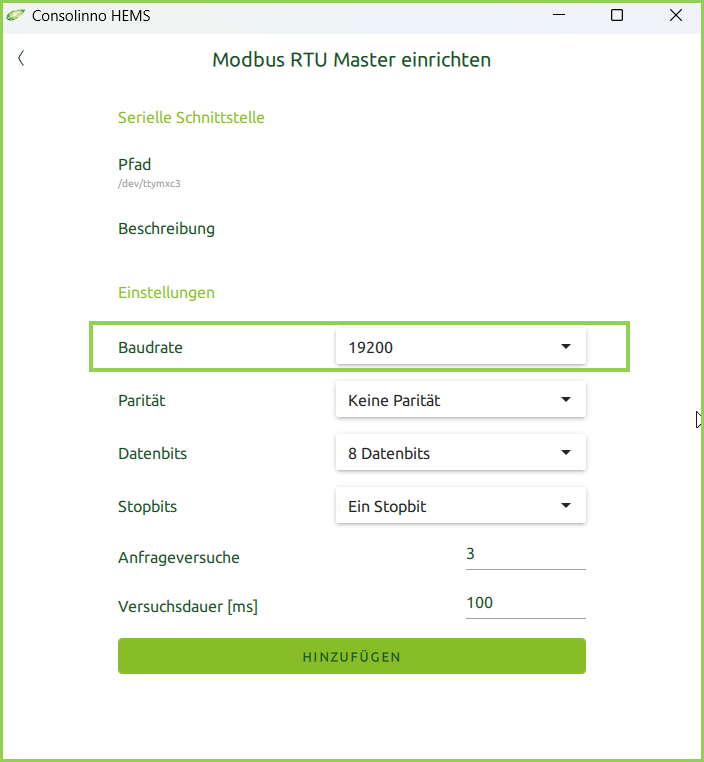 Bildschirm Modbus-RTU Einstellungen