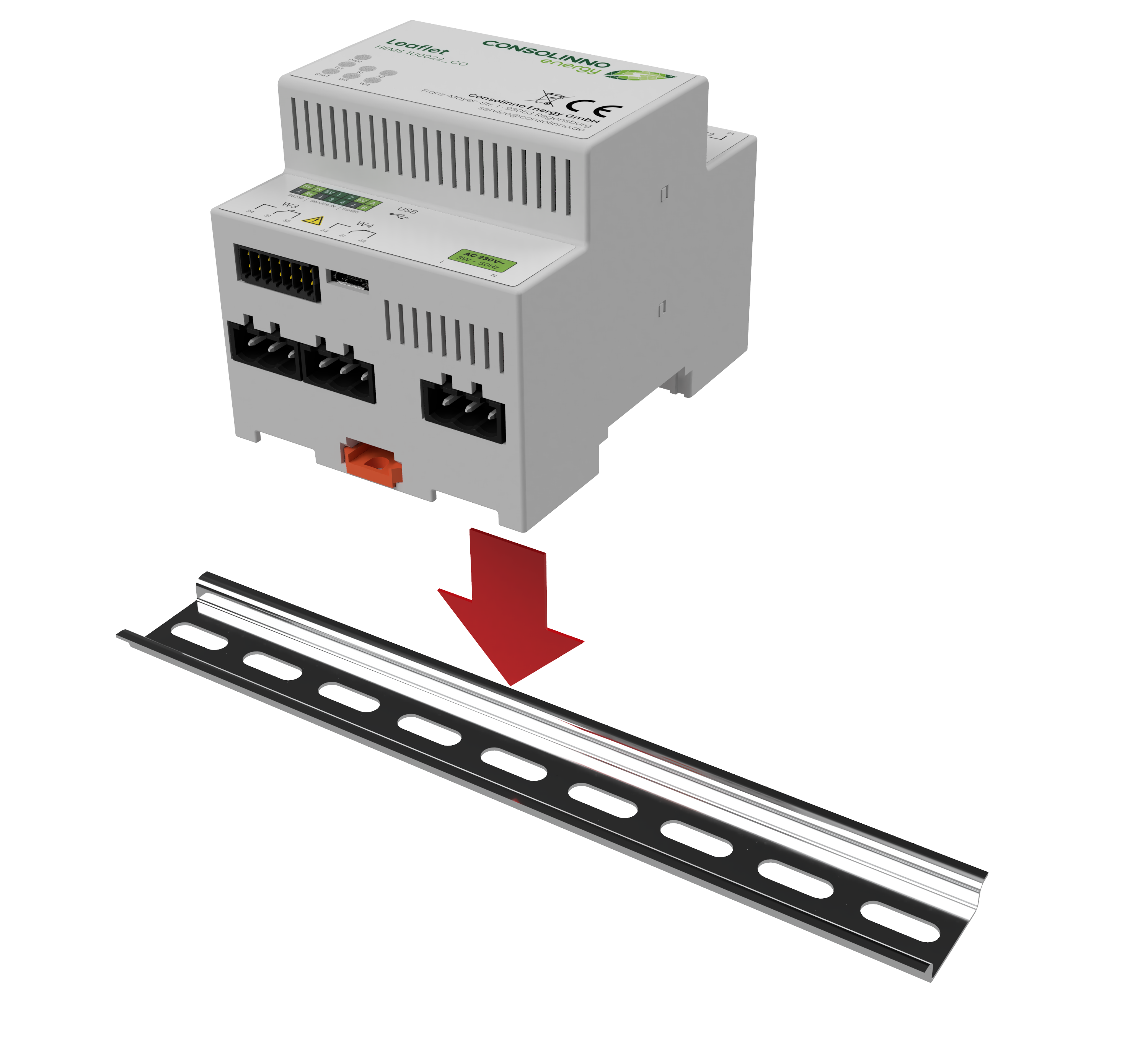 Das Leaflet HEMS wird auf die Hutschiene gesteckt