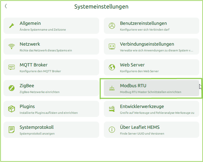 Bildschirm Modbus-RTU Einstellungen aufrufen