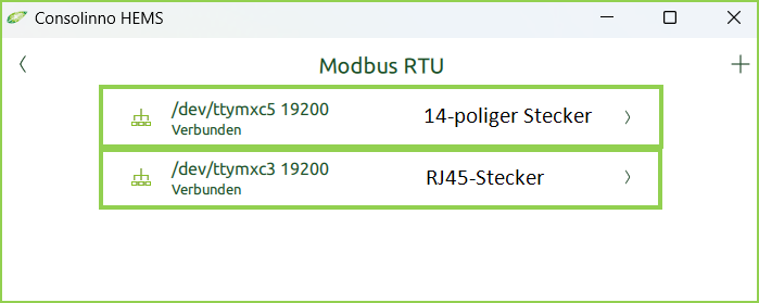 Bildschirm eingerichtete Modbus-RTU Anschlüsse