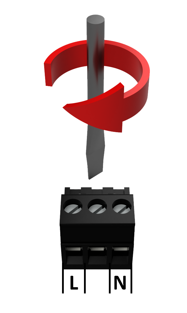 Stecker der Spannungsversorgung mit Drehrichtung der Schraubanschlüsse